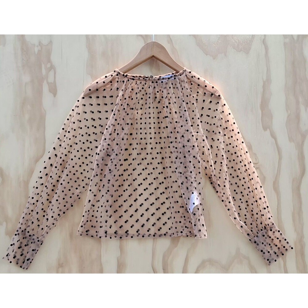 Adika Sheer Polka Dot Mesh Blouse Small Nude Black Flocked Puff Sleeve Romantic
